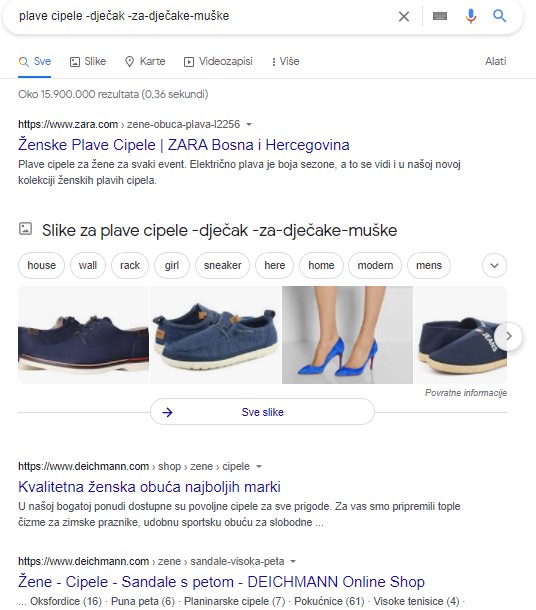 Google rezultati kada koristimo Google kratice i pretražujemo: plave cipele -dječak -za-dječake-muške 
Rezultati prikazuju samo žensku obuću