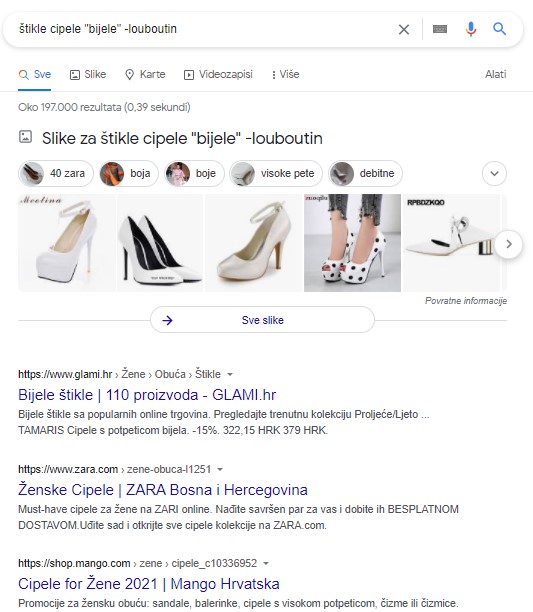 Google rezultati kada koristimo Google kratice i pretražujemo: štikle cipele "bijele" -louboutin prikazuje samo bijele štikle